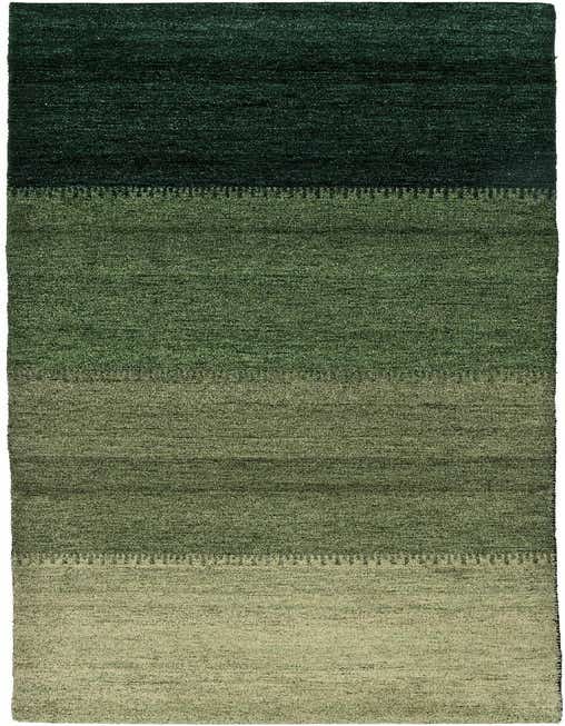 A handmade 11 ft green runner rug with an abstract striped pattern, transitioning from dark to light green.