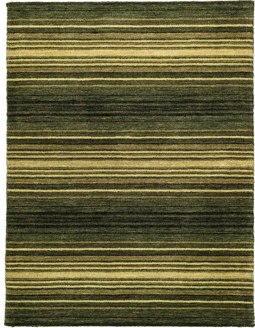 A 5 ft runner rug featuring horizontal stripes in varying shades of green, from light olive to deep forest green, suitable for a hallway.