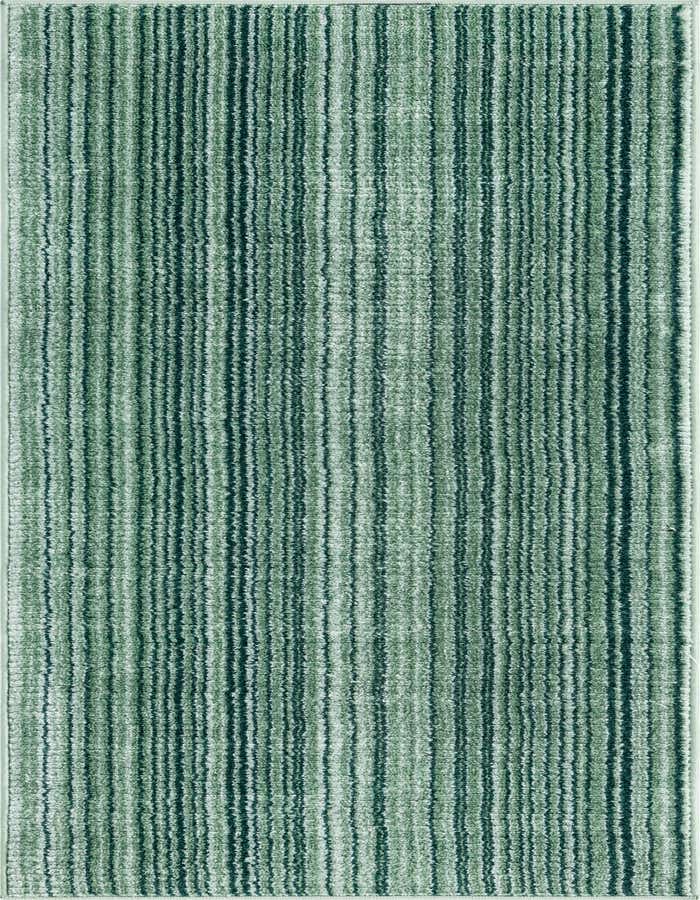 A 6 ft runner rug from the Gemstone collection, featuring varied vertical stripes in shades of green, ideal for a hallway.