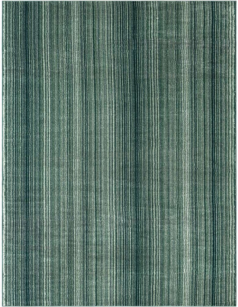 A 16 ft runner rug with vertical stripes in varying shades of green, ideal for a hallway or patio.