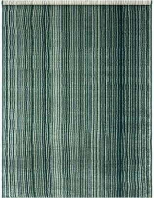 A 26 ft runner rug from the Rugs.com Gemstone collection, featuring varying shades of green stripes and a textured, high pile.