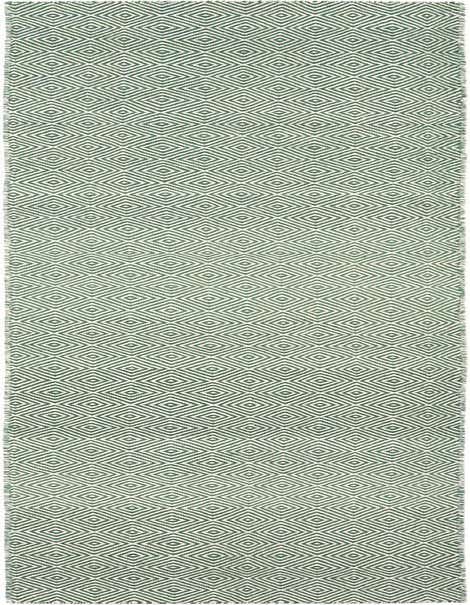 A 12 ft green and white Geo Trellis Flatweave runner rug with a repeating diamond pattern, ideal for a hallway.