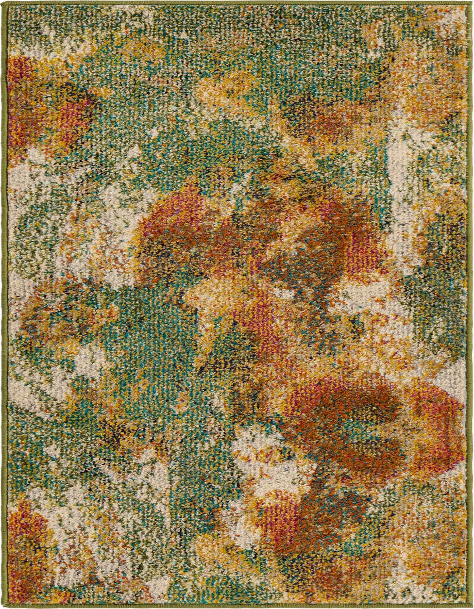 A 4 ft runner rug from the Haerfest collection, featuring a vibrant abstract pattern in greens, yellows, oranges, and hints of pink, ideal for a hallway.