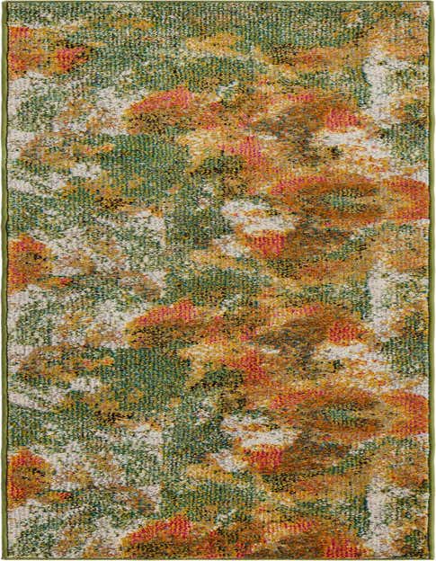 A vibrant 8 ft runner rug with an abstract pattern in shades of green, orange, yellow, and white, ideal for a hallway or kitchen.