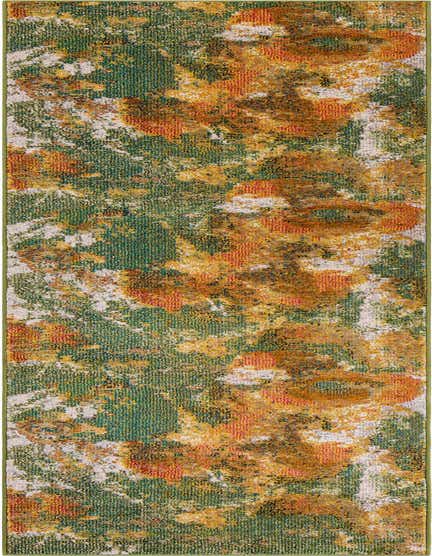 A 12 ft runner rug with an abstract modern pattern in shades of green, orange, and gold, perfect for a hallway.