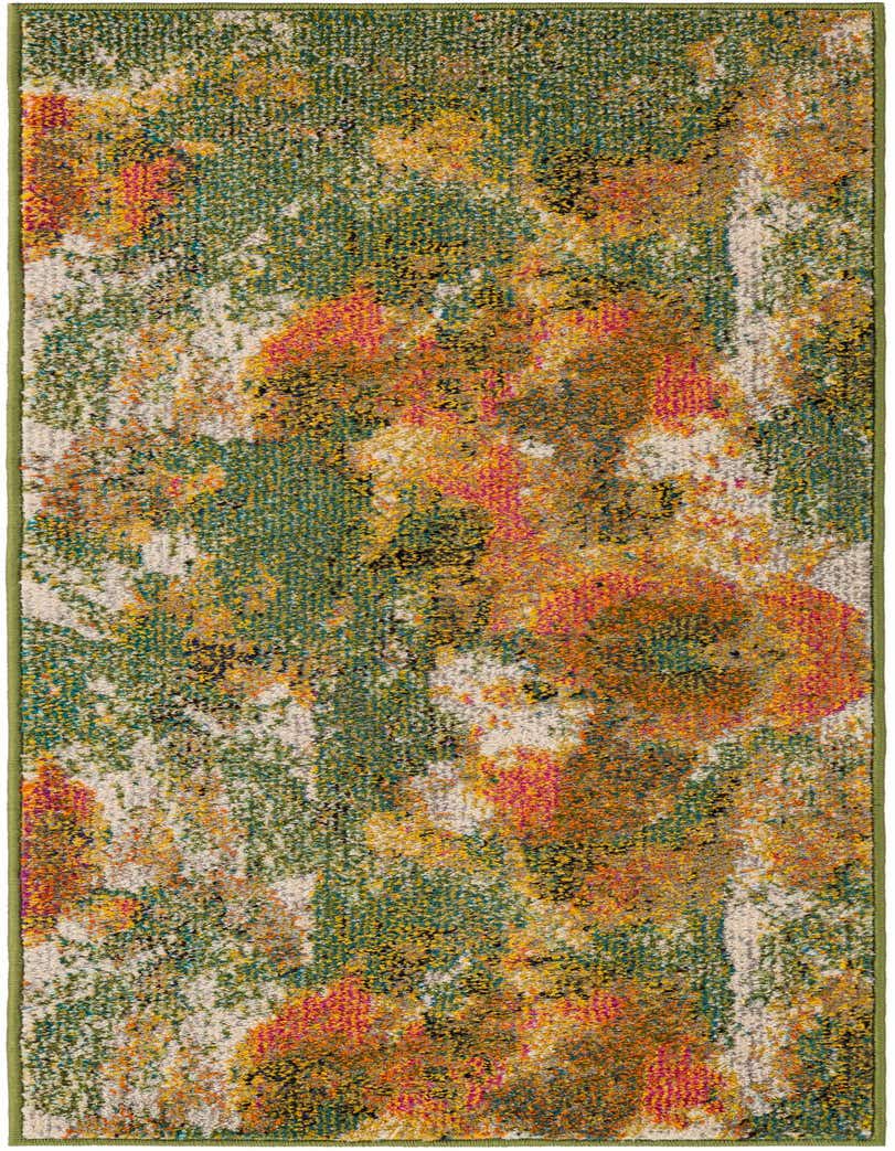 A 5 ft runner rug with an abstract modern pattern in greens, oranges, yellows, and hints of pink, ideal for a hallway.