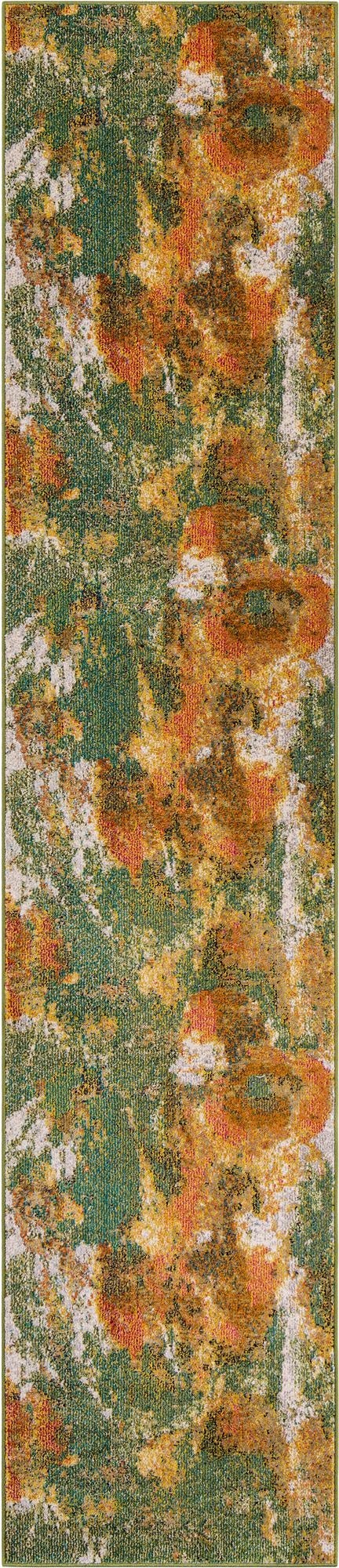 A 12 ft runner rug with an abstract modern pattern in shades of green, orange, and gold, perfect for a hallway.
