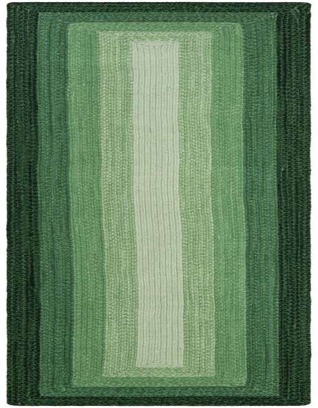 A 12 ft green runner rug with a braided texture, featuring a gradient of light to dark green shades.