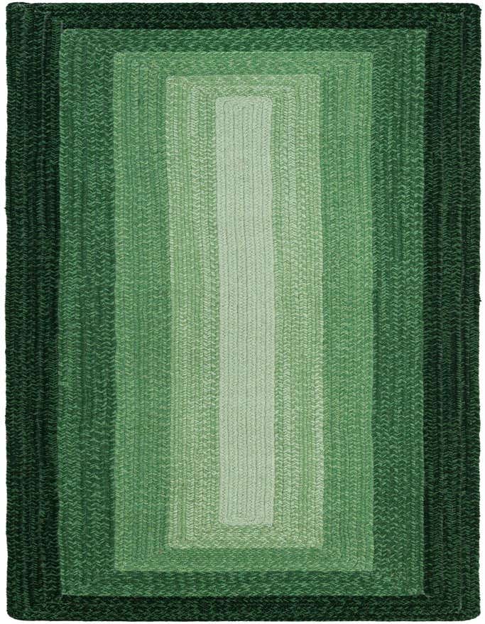 A rectangular 8 ft runner rug with a braided texture, featuring a gradient of greens from dark forest green on the edges to a light sage green in the center.