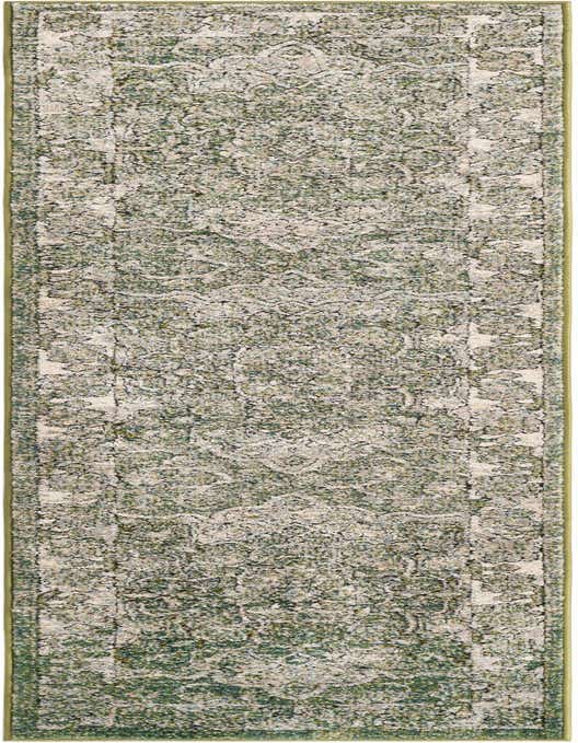An 8 ft runner rug from the Isabella collection, featuring a distressed traditional medallion pattern in shades of green and cream, perfect for a hallway.