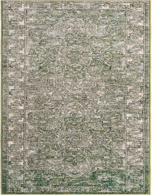 A 10 ft runner rug in shades of green with a distressed traditional medallion pattern and a high/low textured pile.