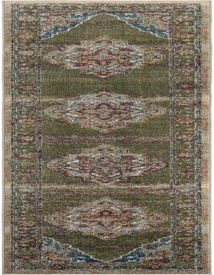 A 12 ft runner rug with a distressed traditional medallion pattern in shades of green, rust, and blue, ideal for a hallway.