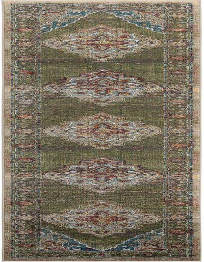 A 13 ft runner rug with a distressed traditional medallion pattern in shades of green, rust, and blue, ideal for a hallway.