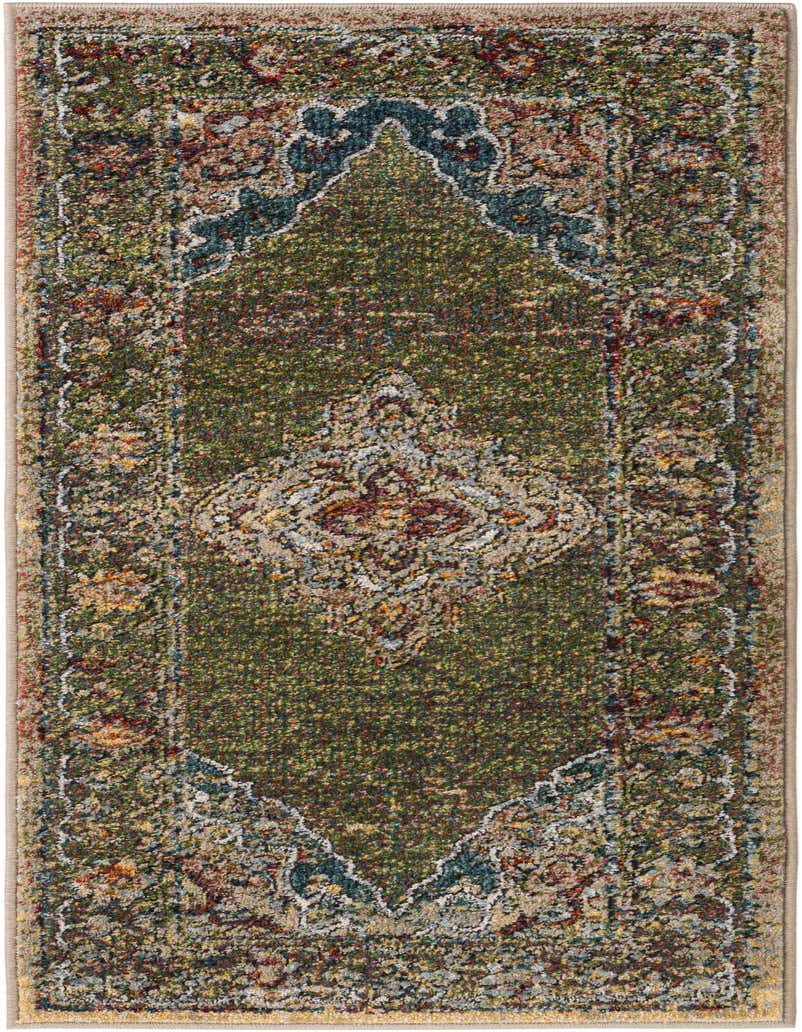 A 5 ft green traditional runner rug with an oriental medallion pattern and a distressed look, ideal for a hallway.