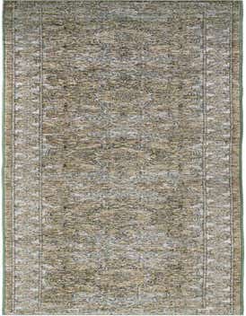 A 20 ft green runner rug with a distressed traditional medallion pattern in shades of green, beige, and grey.