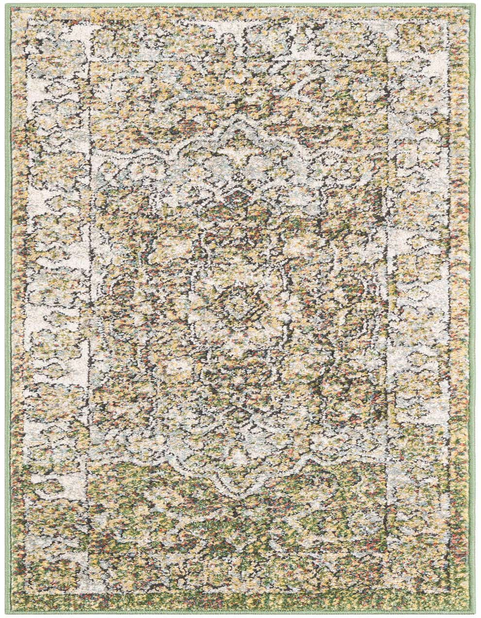 A 4 Ft Isabella runner rug in shades of green, yellow, and white with a traditional medallion pattern, ideal for a hallway.