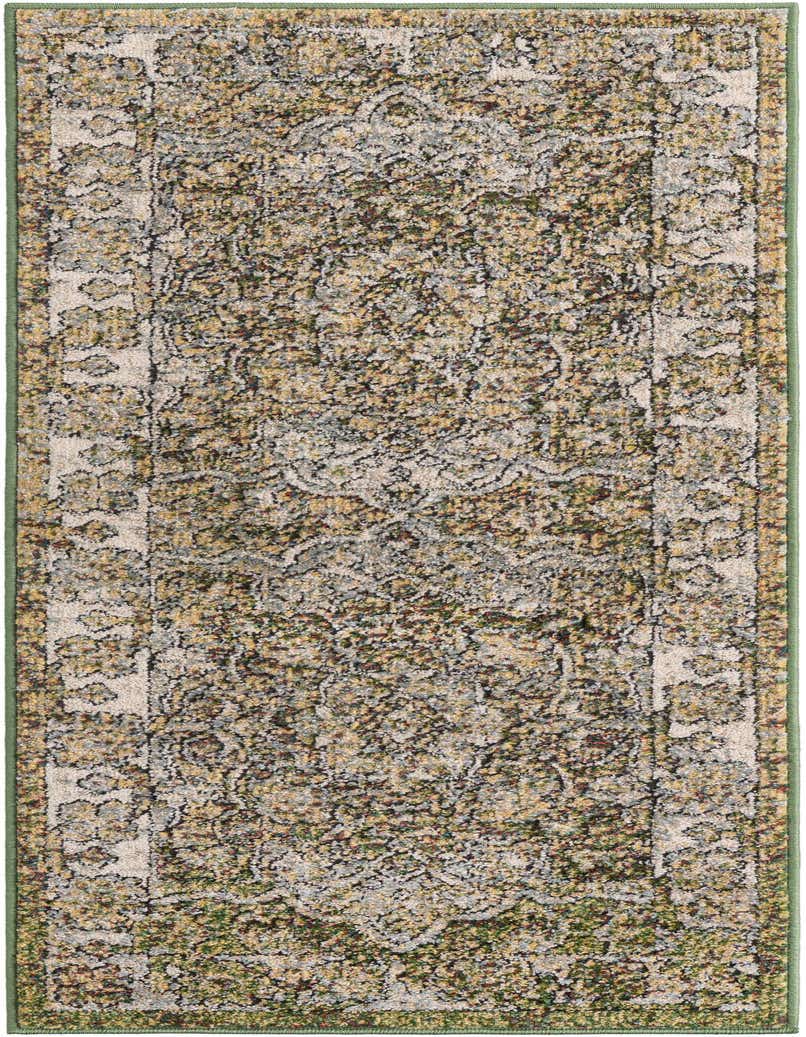 A 5 ft runner rug in a traditional vintage medallion pattern with shades of green, cream, and subtle gold, featuring a textured high-low pile.