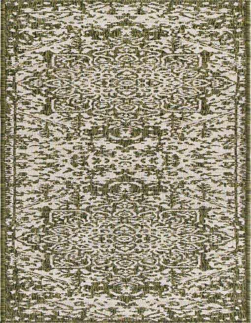 An 8 ft green and beige Mediterranean runner rug with a distressed medallion pattern, ideal for a hallway or patio.