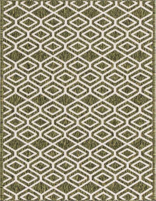 A green and white 8 ft runner rug with a modern trellis pattern, suitable for hallways or outdoor patios.