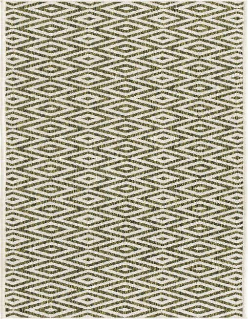A long 8 ft runner rug with a modern trellis pattern in shades of green and white, ideal for a hallway or patio.