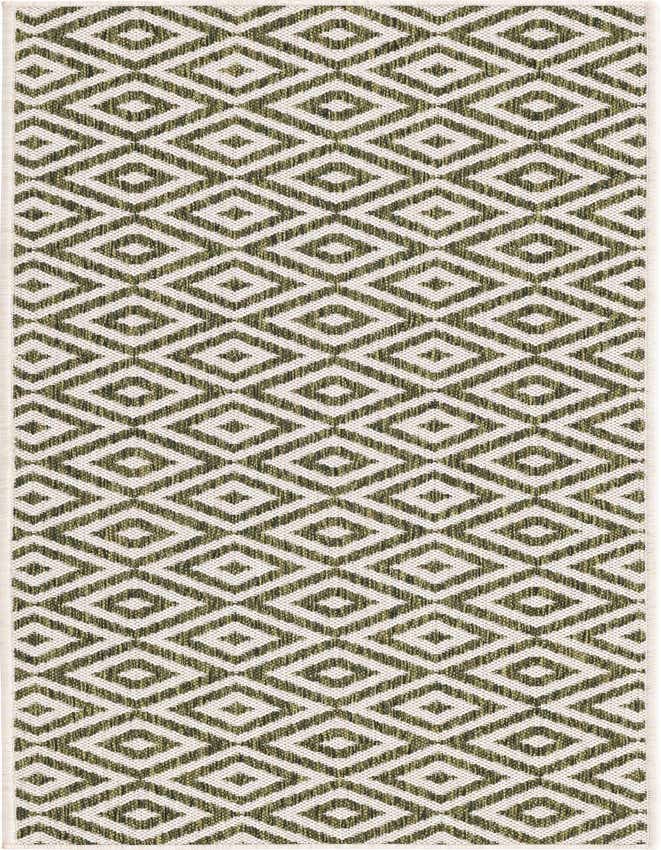 A 6 ft runner rug featuring a modern trellis pattern with green and white diamonds, suitable for a hallway or patio.