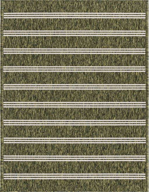An 8 ft green runner rug with horizontal white stripes, featuring a textured flatweave, ideal for a hallway or patio.