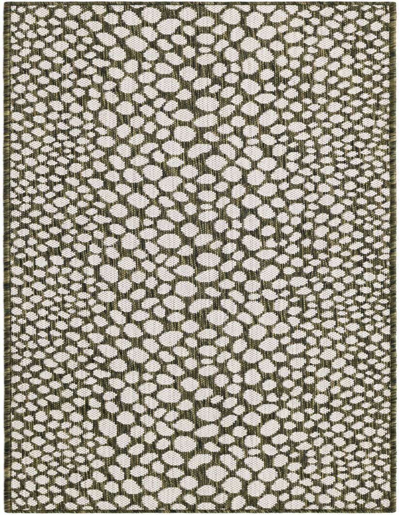 A 5 ft runner rug from the Jill Zarin Outdoor collection, featuring a modern green and white spotted pattern, ideal for hallways or patios.