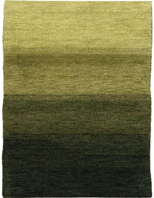 A 10 ft Kashkuli Gabbeh runner rug featuring a modern abstract design with a gradient of greens, from light lime to deep forest green.
