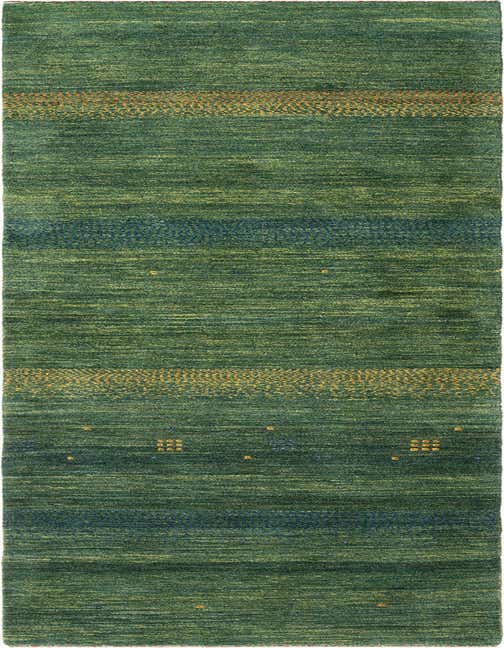 A long 11 ft green wool runner rug with subtle horizontal bands of gold and blue Persian patterns, perfect for a hallway.