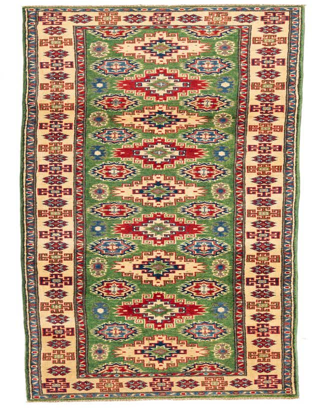 A 10 Ft runner rug featuring a vibrant green field with a traditional Southwestern pattern in red, blue, and cream.