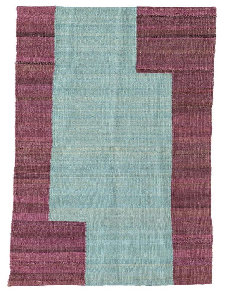 A 7 Ft runner rug featuring a wide, light green central stripe with a stepped pattern, bordered by darker green and purple stripes.