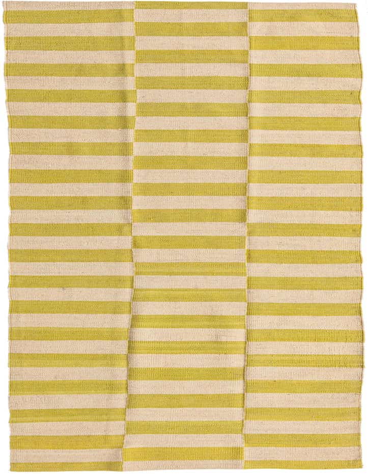 A long 8 ft runner rug featuring alternating horizontal stripes of lime green and natural beige, in a flatweave style.