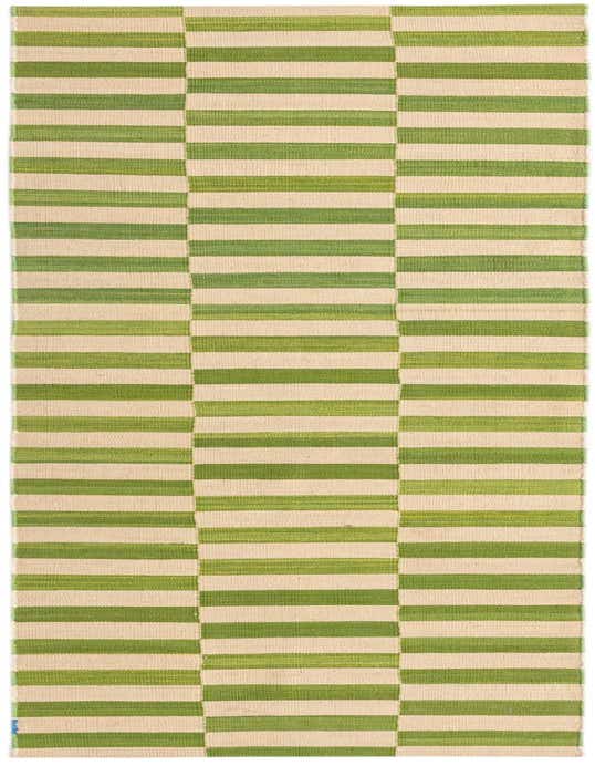 A 10 ft runner rug featuring a modern tribal stripe pattern in varying shades of green and natural cream, ideal for a hallway.