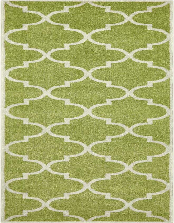 A vibrant 8 ft runner rug in lime green with a bold white modern trellis pattern, ideal for a hallway or kitchen.