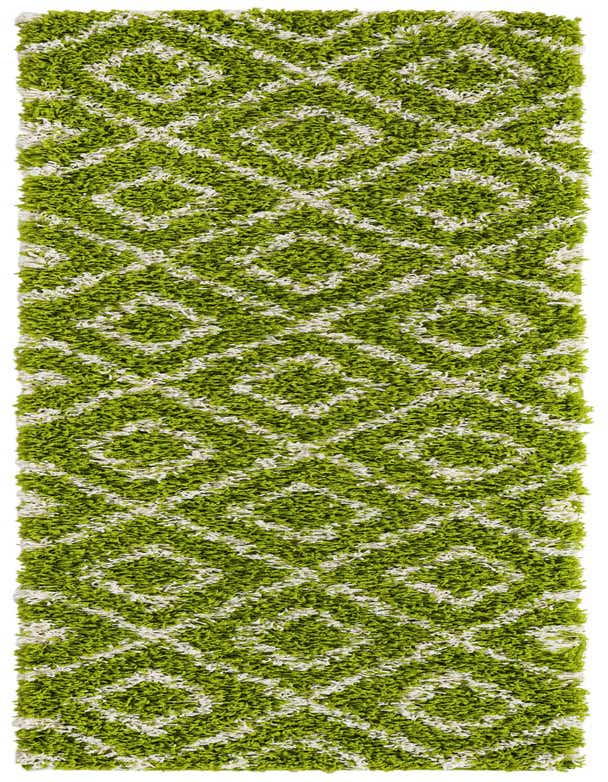 A vibrant green and white 7 ft runner rug with a modern abstract lattice pattern and high-low shag pile.