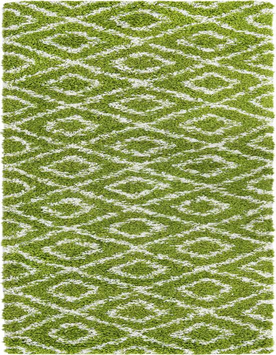 A vibrant green and white modern runner rug with a high-low textured lattice pattern, perfect for a hallway.