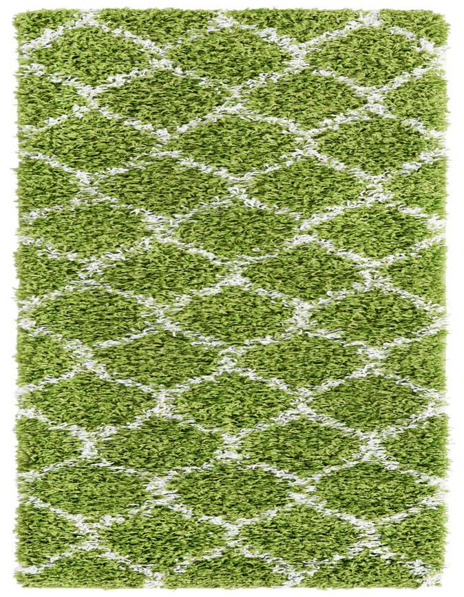 A 6 ft runner rug featuring a modern abstract lattice pattern in vibrant green and white shag pile.