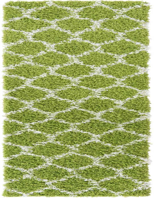 A vibrant green 8 ft runner rug with a white modern trellis pattern and a textured high/low pile.