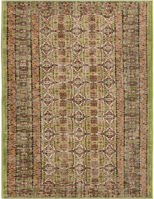 A 10 ft runner rug in shades of green with a distressed bohemian and traditional pattern, ideal for a hallway.