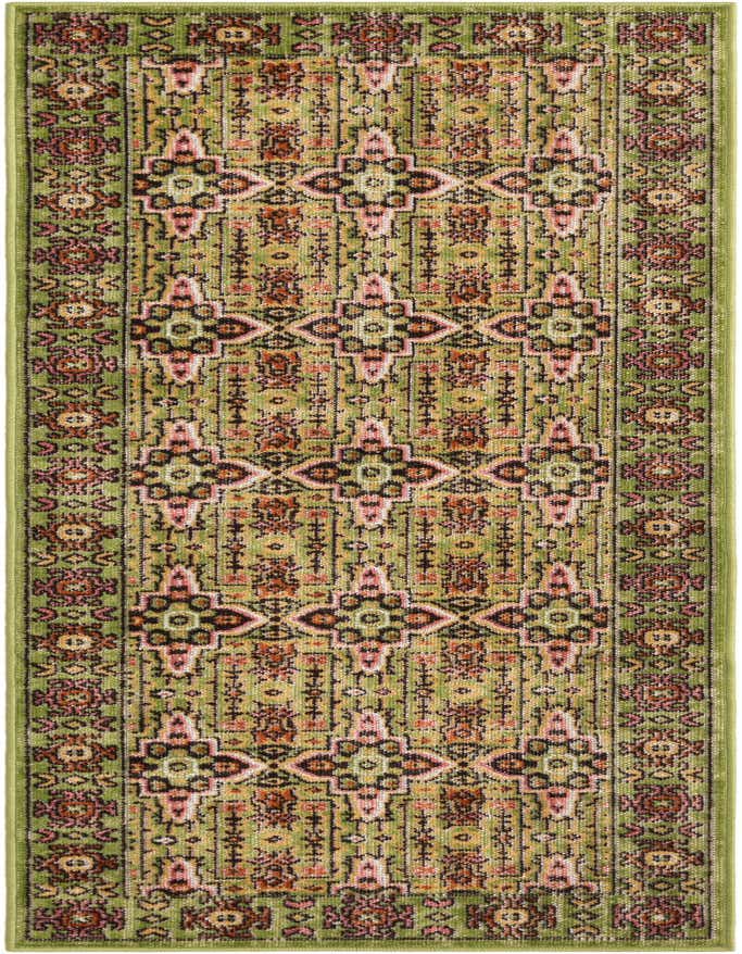 A 6 ft green runner rug with a bohemian, shabby-chic, and traditional pattern featuring pink, orange, and black accents, ideal for a hallway.