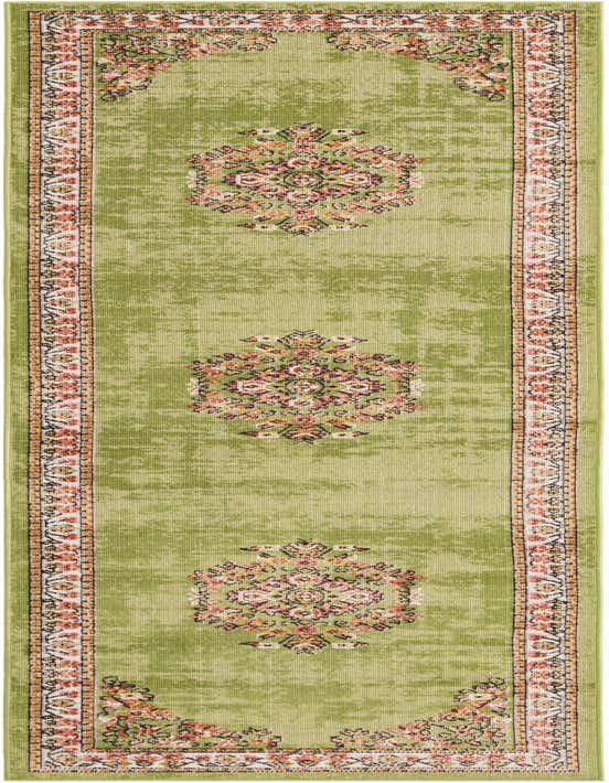 A 10 ft green runner rug with a distressed Bohemian medallion pattern and a floral border, ideal for a hallway.