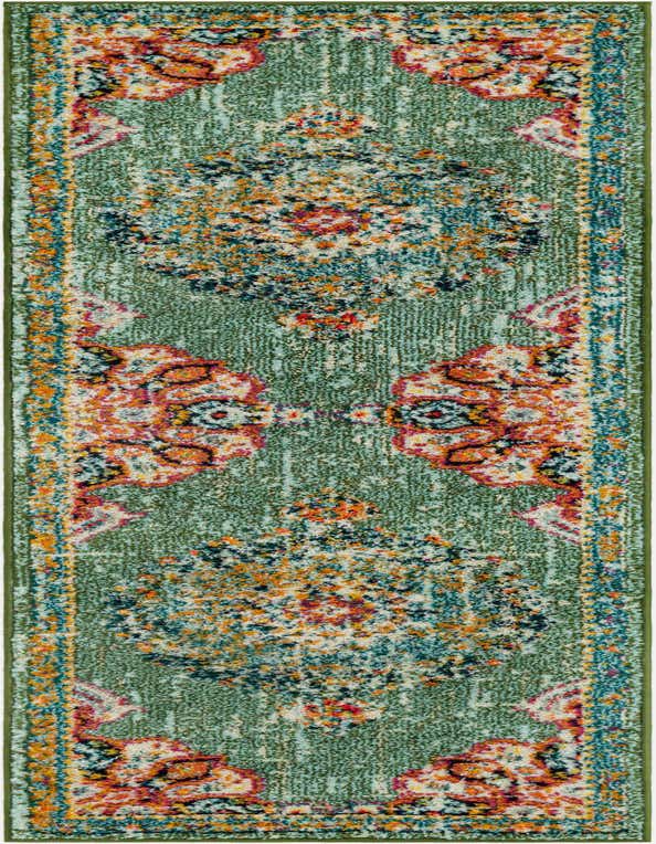 A 7 ft runner rug in shades of green with a distressed traditional medallion and floral pattern in orange, blue, and pink.
