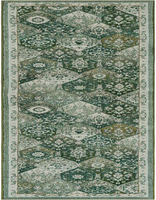A 10 ft runner rug in shades of green and cream, featuring a distressed traditional medallion and geometric pattern, ideal for a hallway.