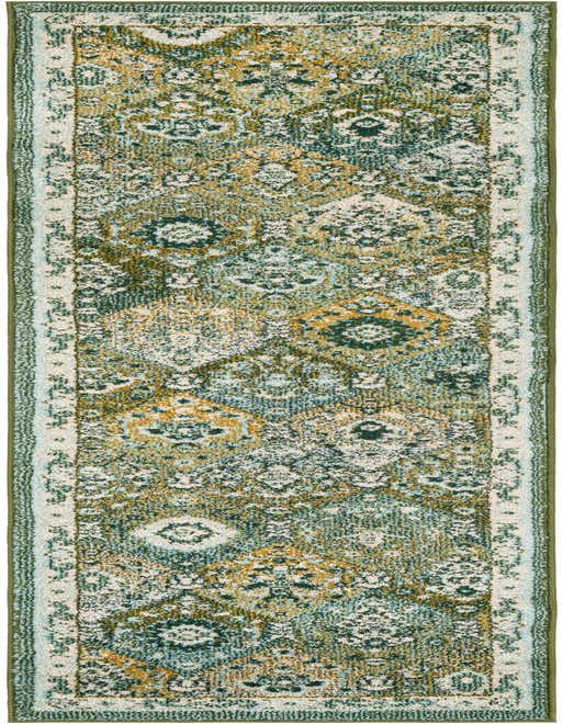 A long 8 ft runner rug from the Madeline collection, featuring a traditional Oriental pattern in various shades of green, gold, and cream, ideal for a hallway or kitchen.