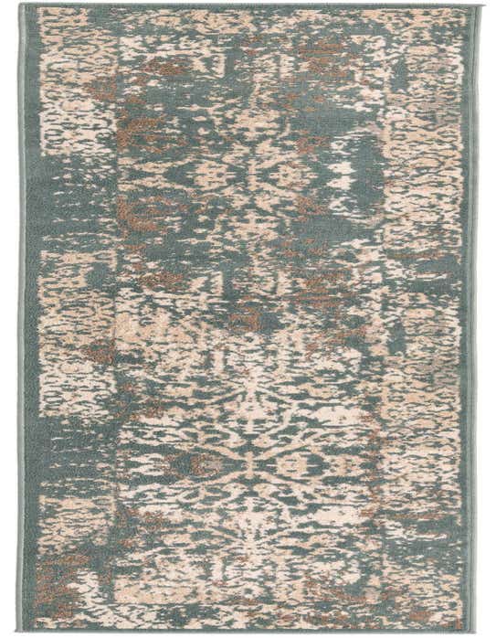 A 10 ft runner rug in shades of green, cream, and brown with a distressed traditional pattern, ideal for hallways.