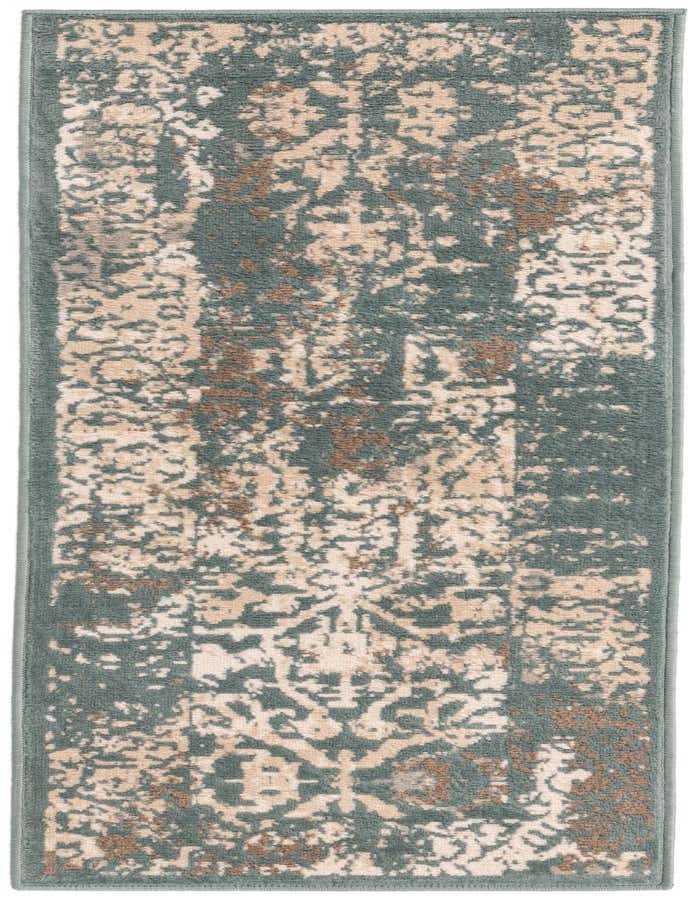 A 6 ft runner rug with a distressed traditional pattern in shades of green, beige, and brown, ideal for a hallway or kitchen.