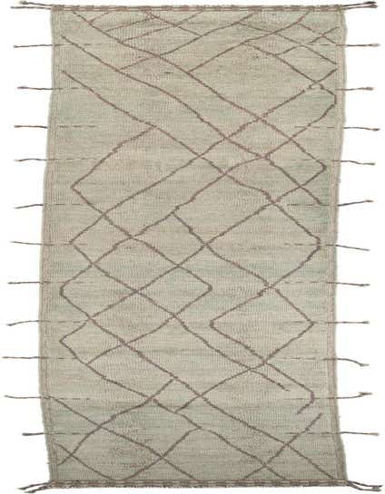 A long 20 ft green wool runner rug with a modern tribal diamond pattern in brown, featuring shag pile and braided tassels.