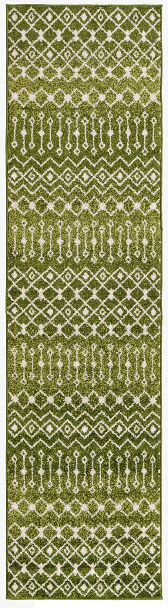 A 10 ft runner rug in shades of green with a white bohemian trellis pattern, ideal for a hallway.