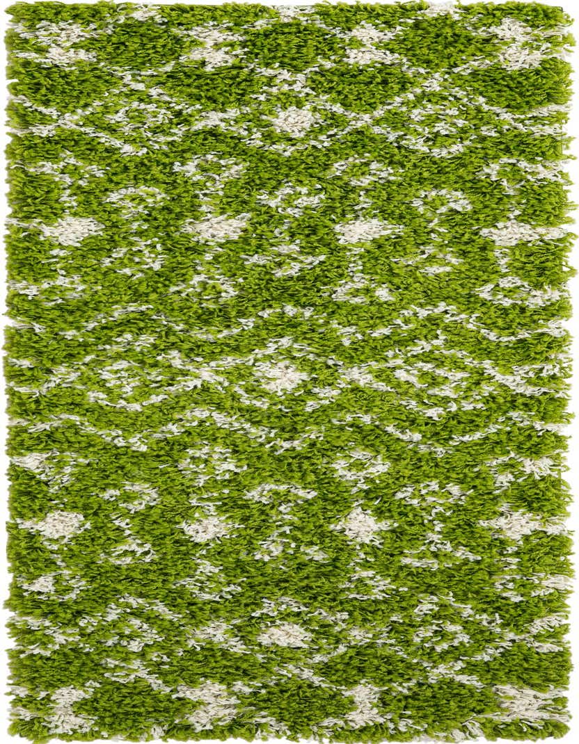 A vibrant green and white Moroccan Trellis Shag runner rug with a soft, textured pile, perfect for a hallway.