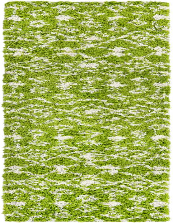 A vibrant 8 ft green and white shag runner rug with a tribal pattern, perfect for a hallway or patio.